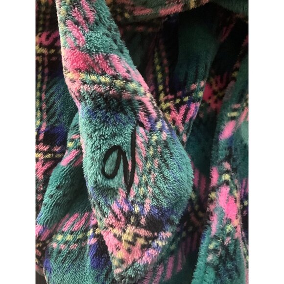 Victorias Secret Womens Sz Medium-large Plaid Fleece Robe Emerald Green Pink - Picture 4 of 10